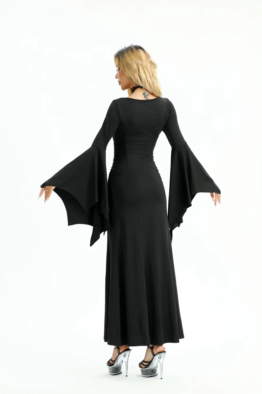 Black 1930s Solid Batwing Cuffs Fishtail Dress - Image 7