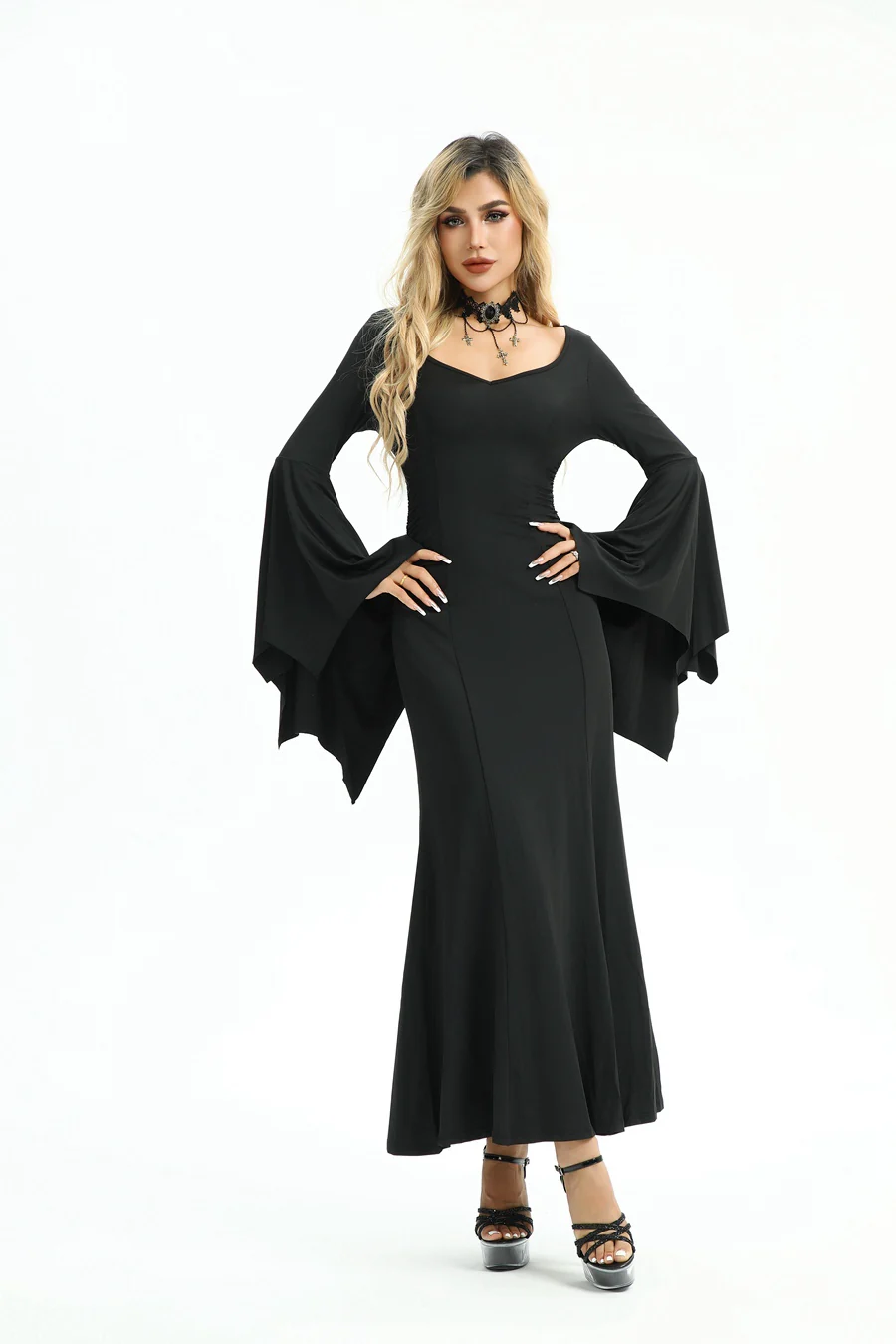 Black 1930s Solid Batwing Cuffs Fishtail Dress - Image 8