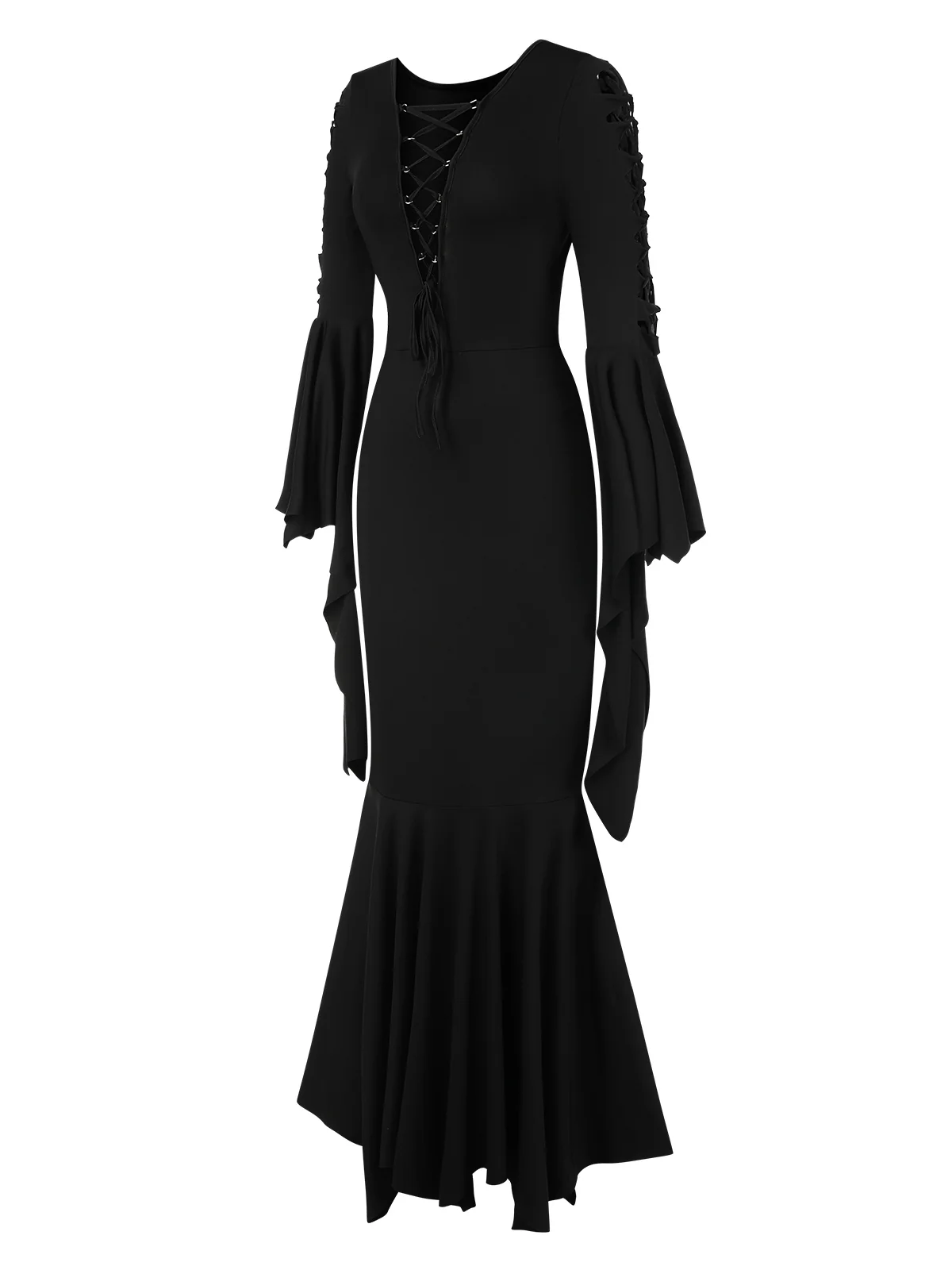 Black 1930s Solid Batwing Lace-Up Fishtail Dress - Image 3