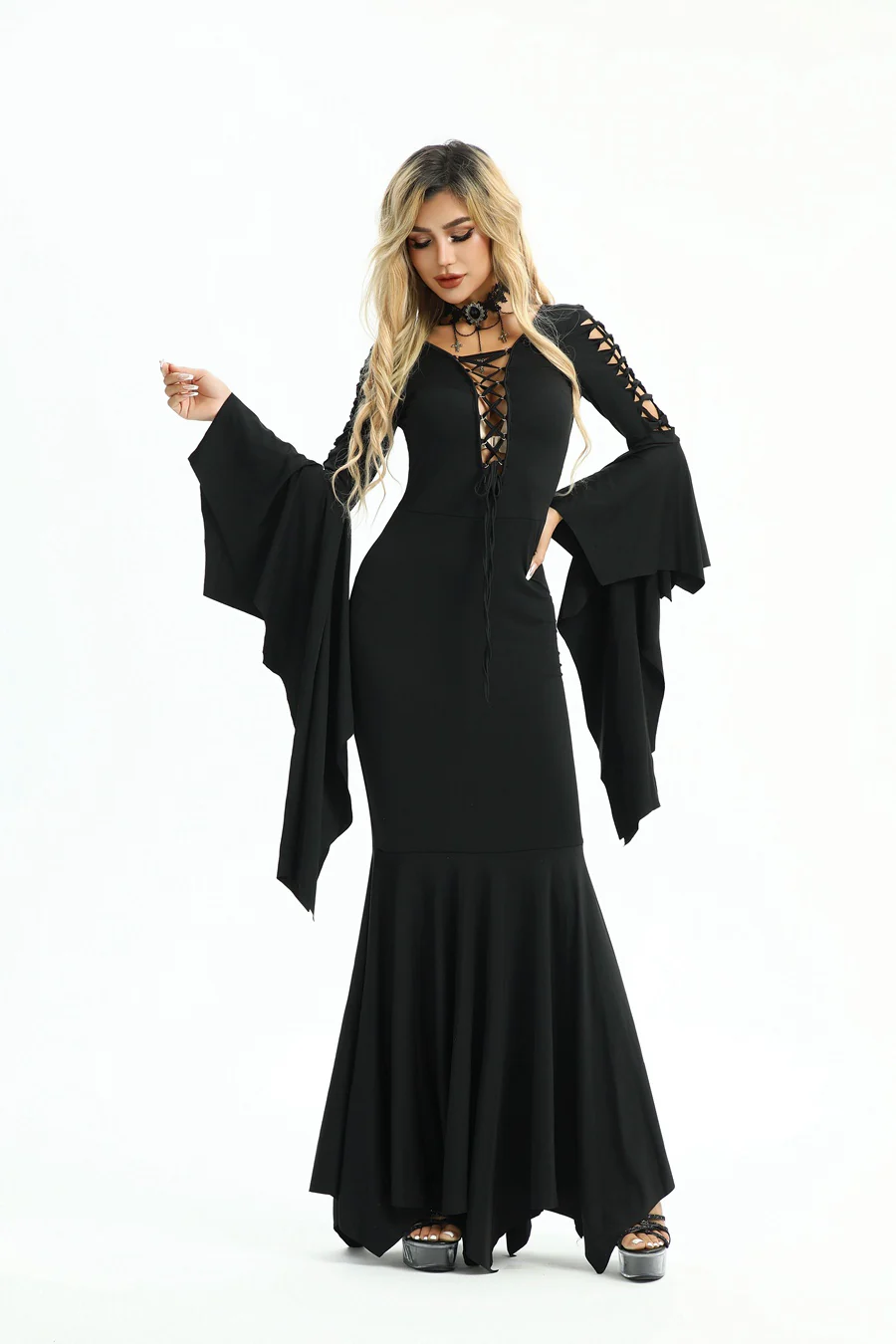 Black 1930s Solid Batwing Lace-Up Fishtail Dress - Image 7