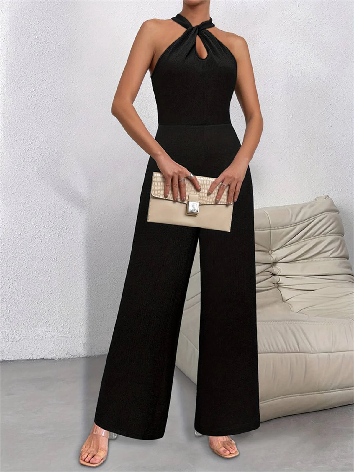 Black 1930s Solid Halter Sleeveless Jumpsuit - Image 3