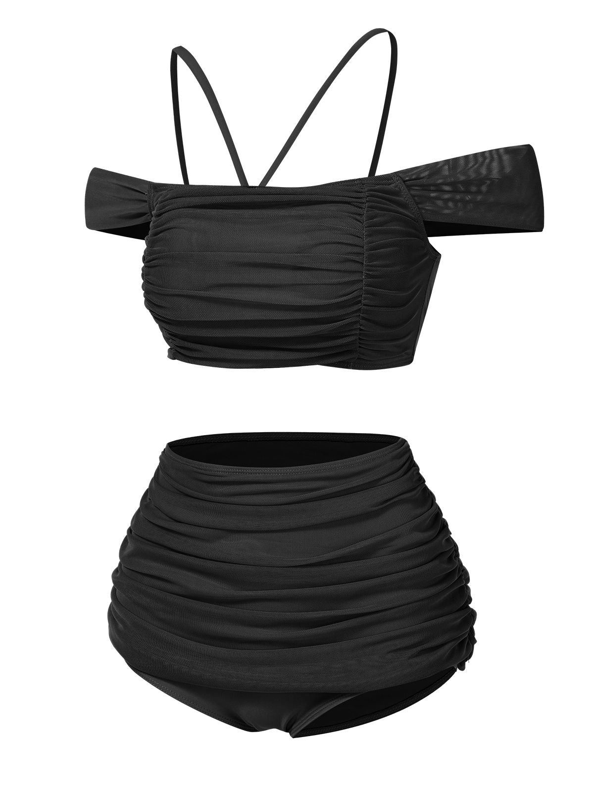 Black 1930s Solid Ruched Off-Shoulder Halter Swimsuit - Image 2