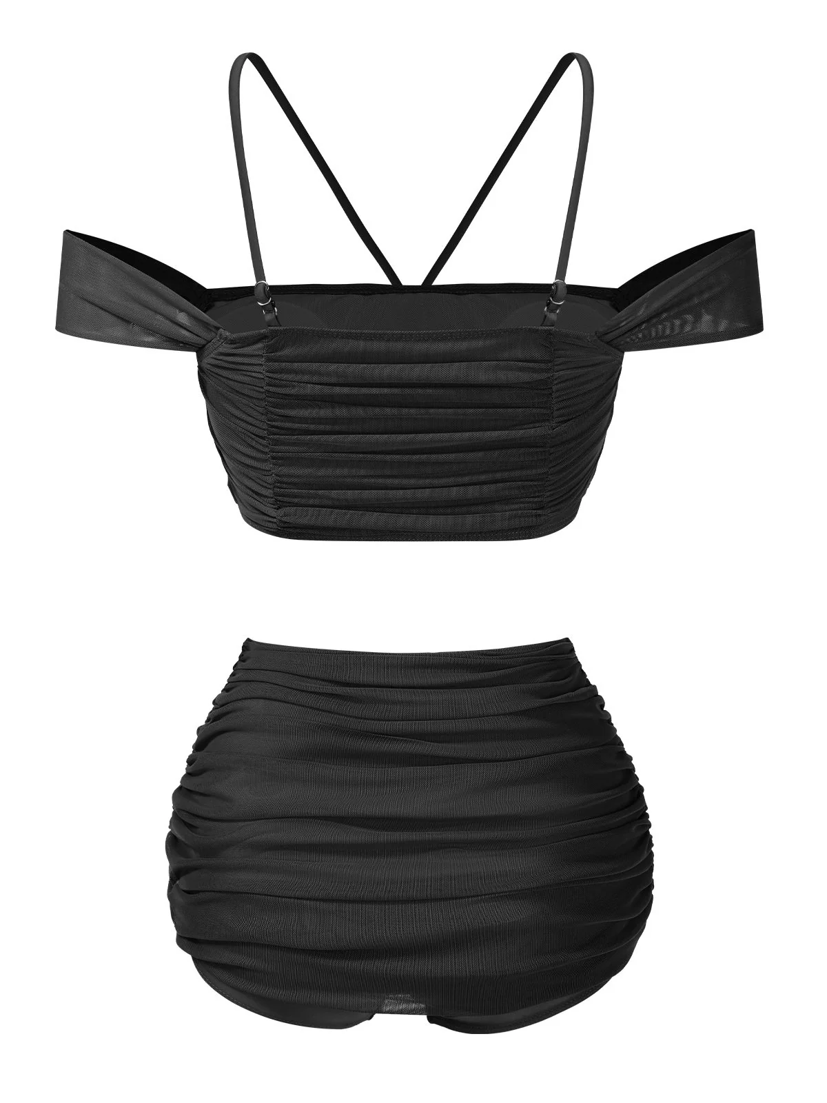 Black 1930s Solid Ruched Off-Shoulder Halter Swimsuit - Image 3