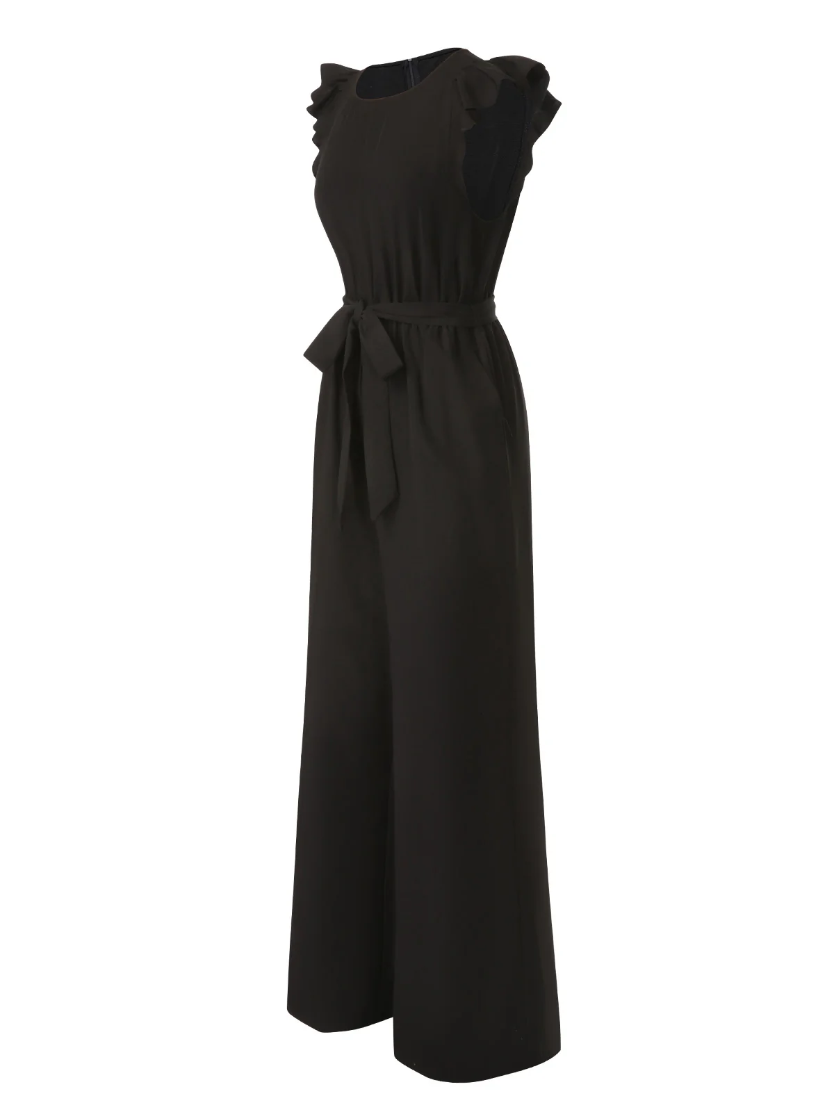 Black 1930s Solid Ruffle Sleeves Belted Jumpsuit - Image 2