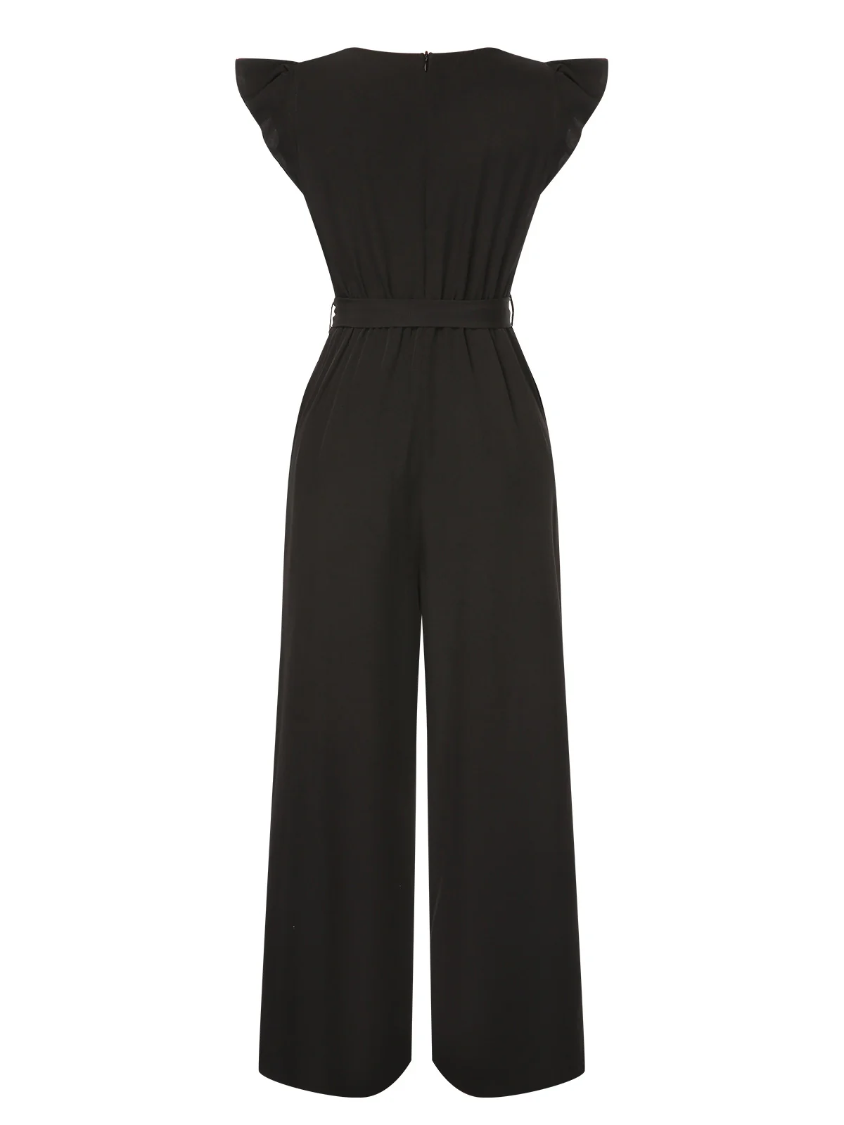 Black 1930s Solid Ruffle Sleeves Belted Jumpsuit - Image 3