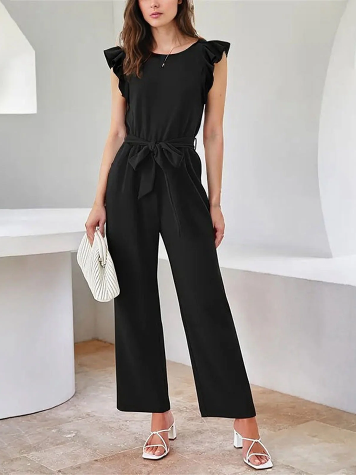 Black 1930s Solid Ruffle Sleeves Belted Jumpsuit - Image 4