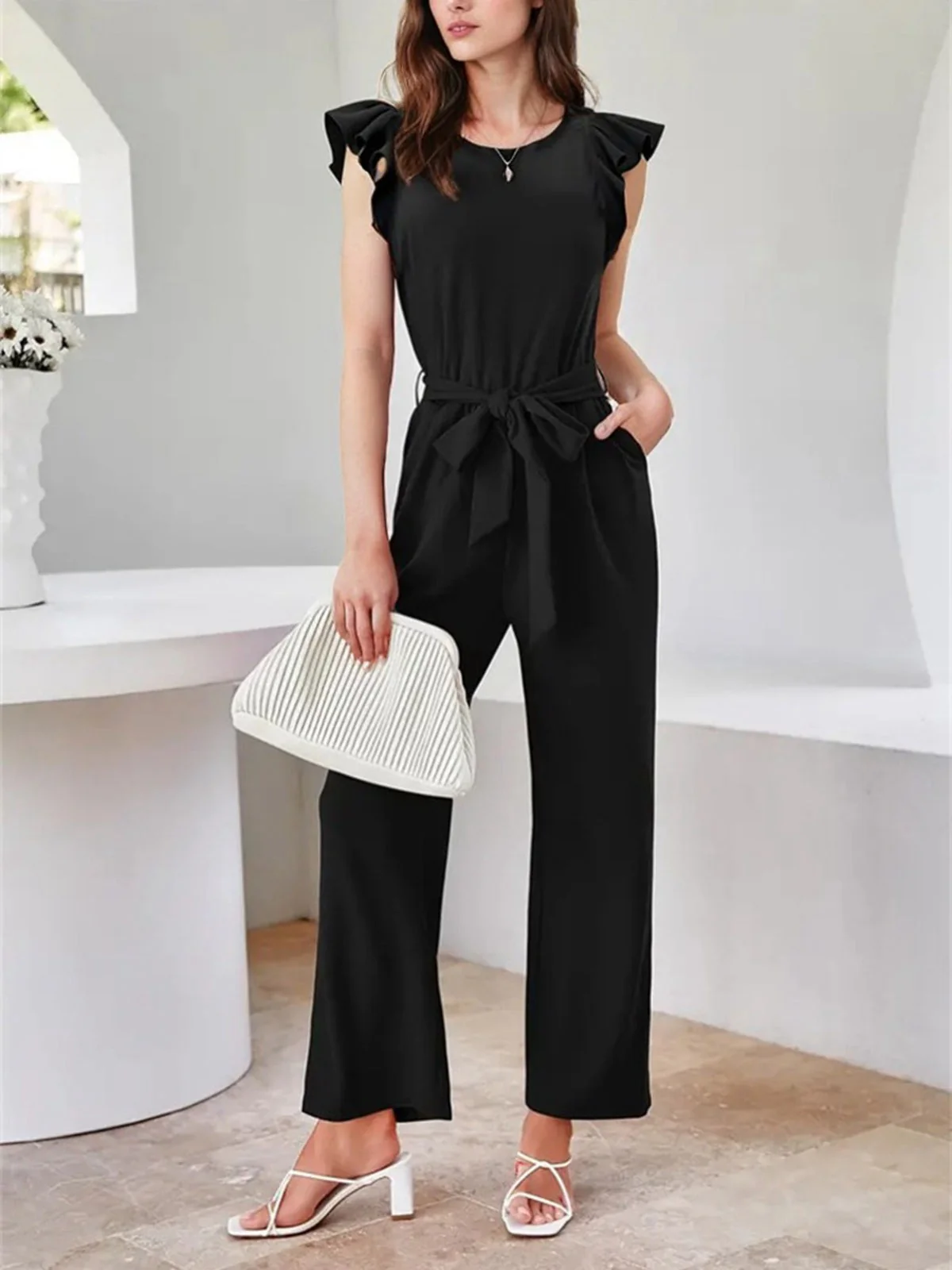 Black 1930s Solid Ruffle Sleeves Belted Jumpsuit - Image 5