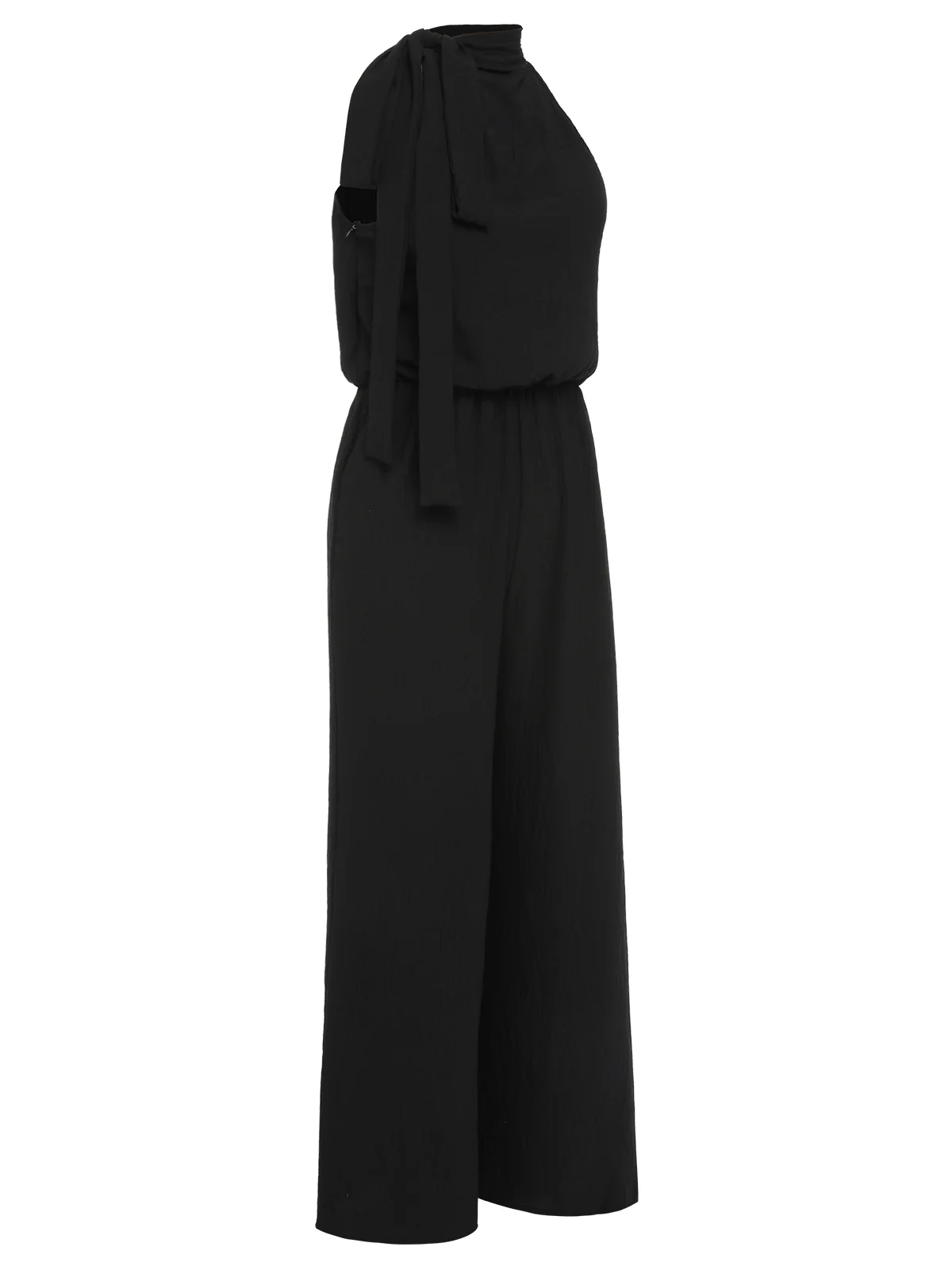 Black 1930s Solid Stand Collar Tie-Up Jumpsuit - Image 2