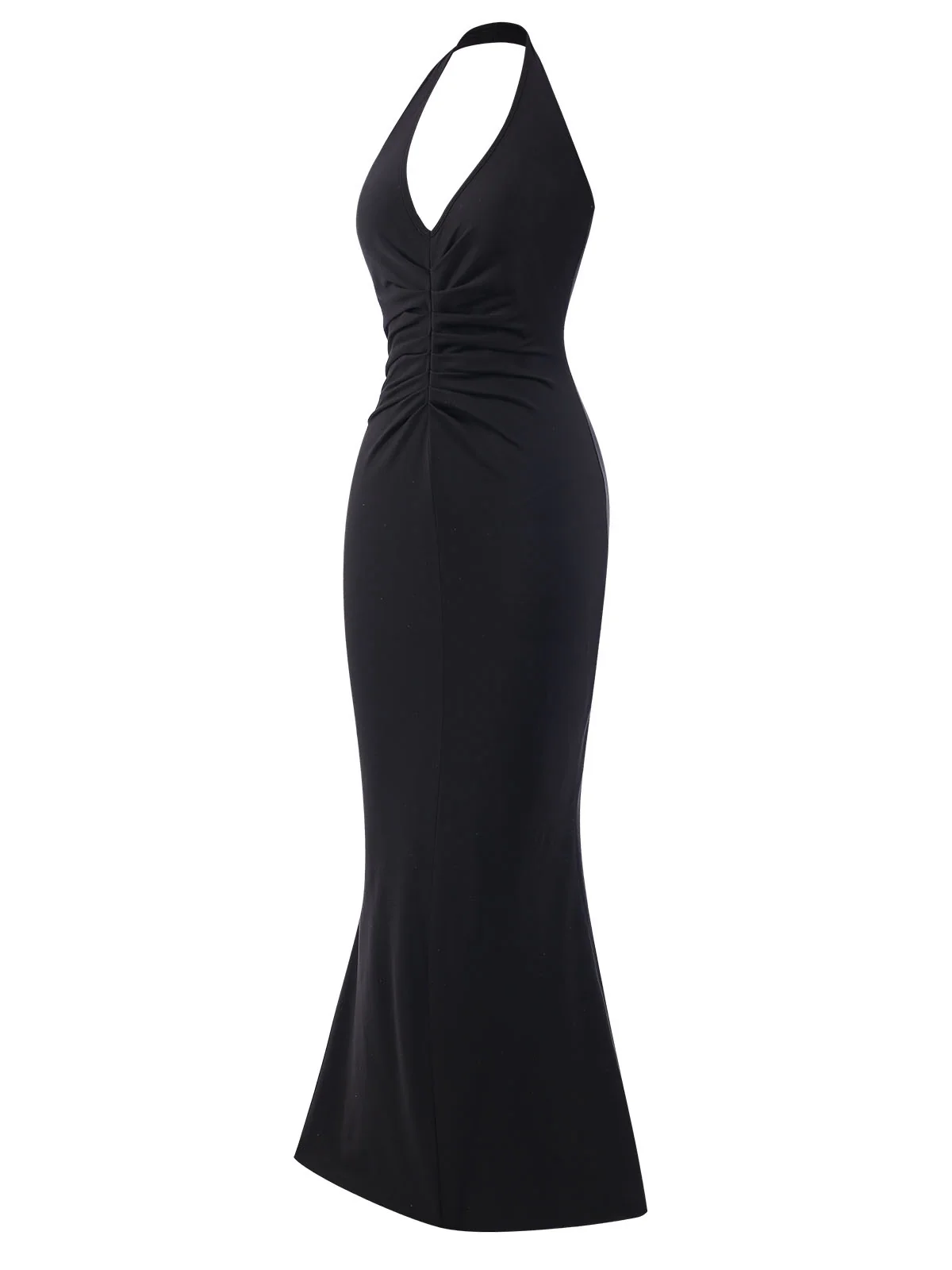 Black 1930s Solid V-Neck Halter Mermaid Dress - Image 2
