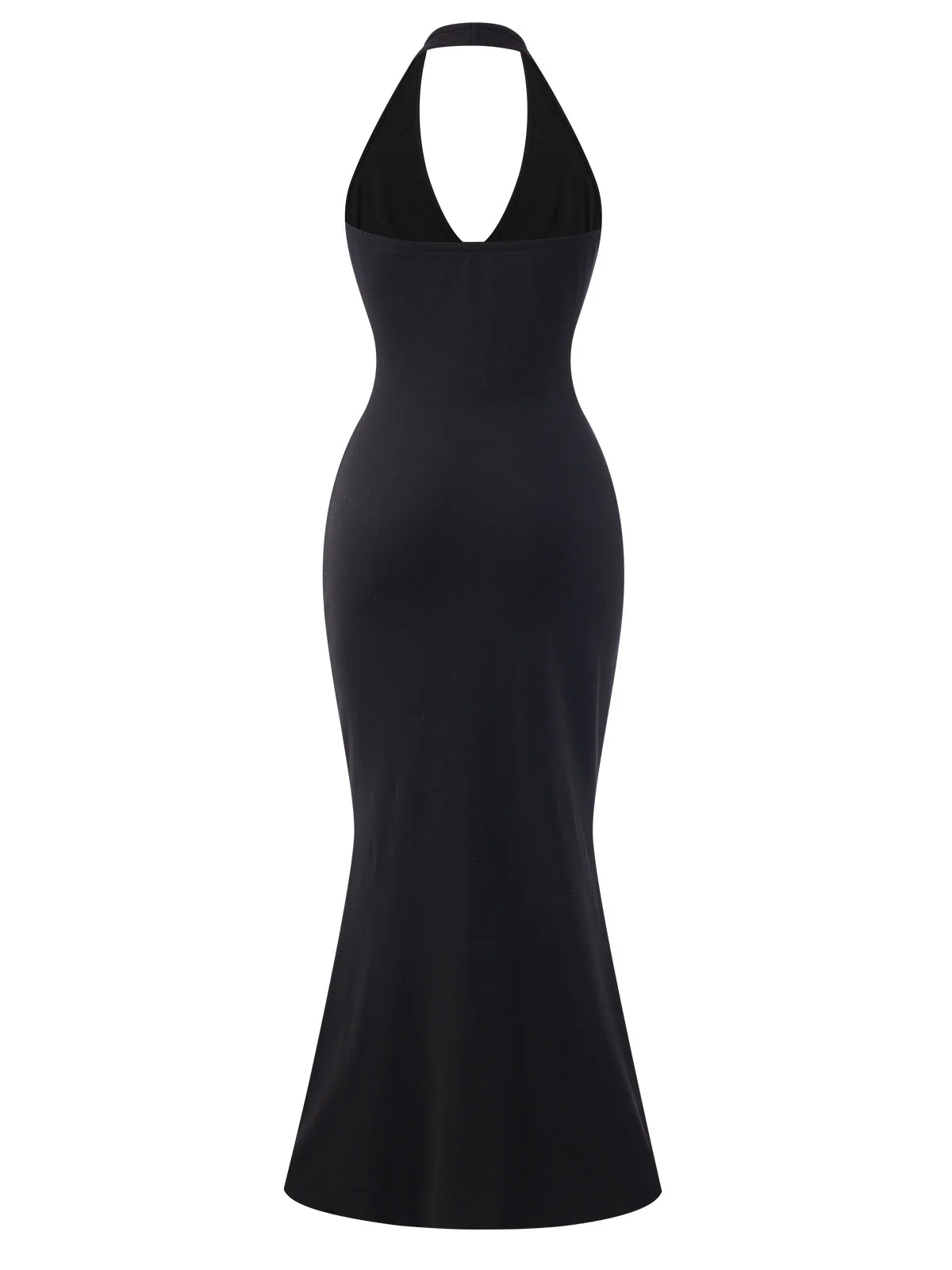 Black 1930s Solid V-Neck Halter Mermaid Dress - Image 3