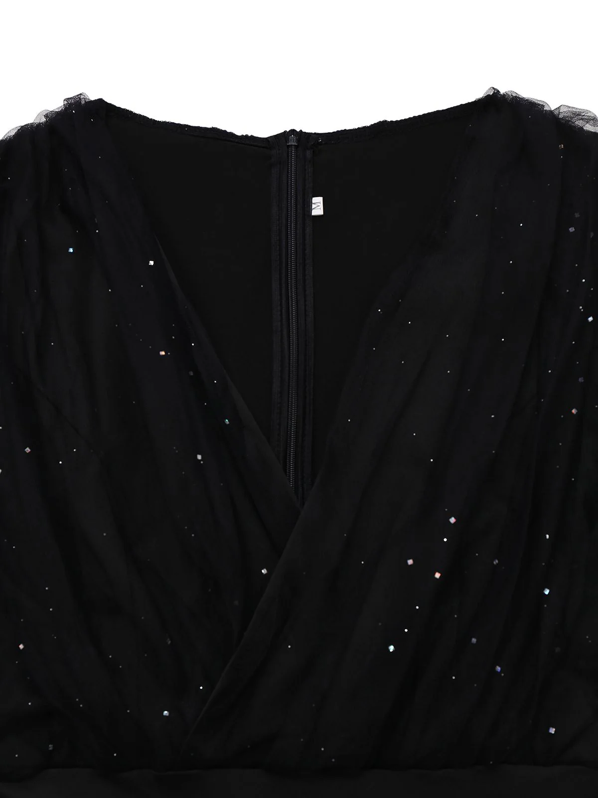 Black 1930s Solid V-Neck Sequined Irregular Hem Dress - Image 3