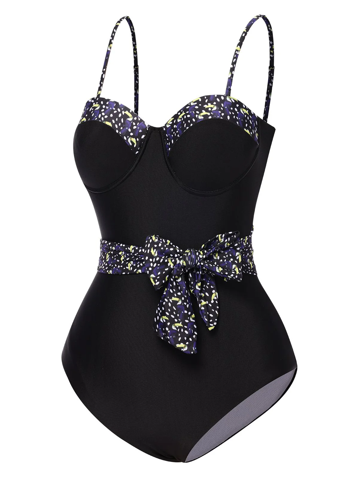 Black 1930s Spaghetti Strap Polka Dots Bow Swimsuit - Image 2