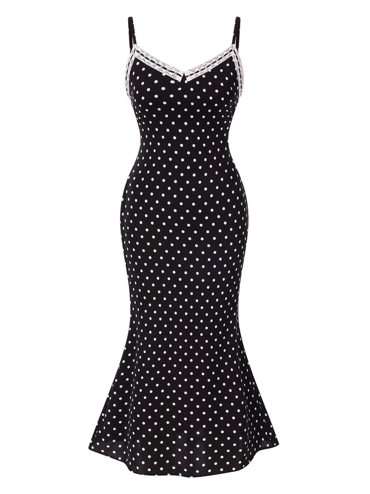 Black 1930s Spaghetti Strap Polka Dots Mermaid Dress - Image 2