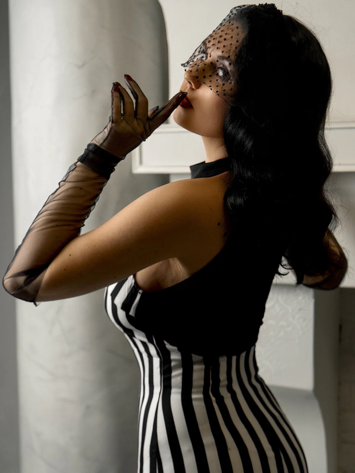 Black 1930s Spiderweb Mesh Stripe Fishtail Dress - Image 3