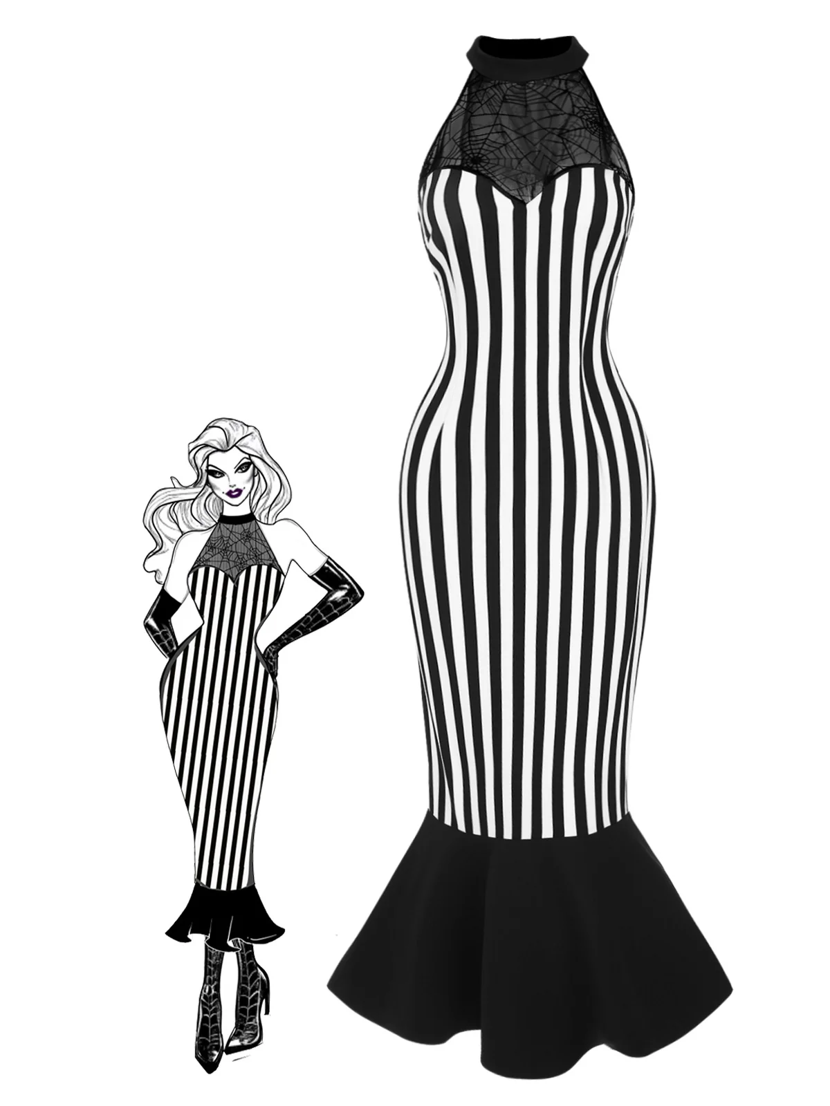 Black 1930s Spiderweb Mesh Stripe Fishtail Dress - Image 2