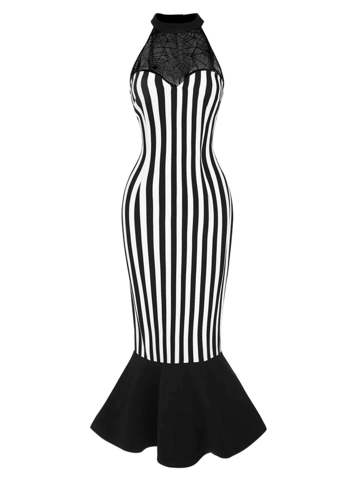 Black 1930s Spiderweb Mesh Stripe Fishtail Dress - Image 3