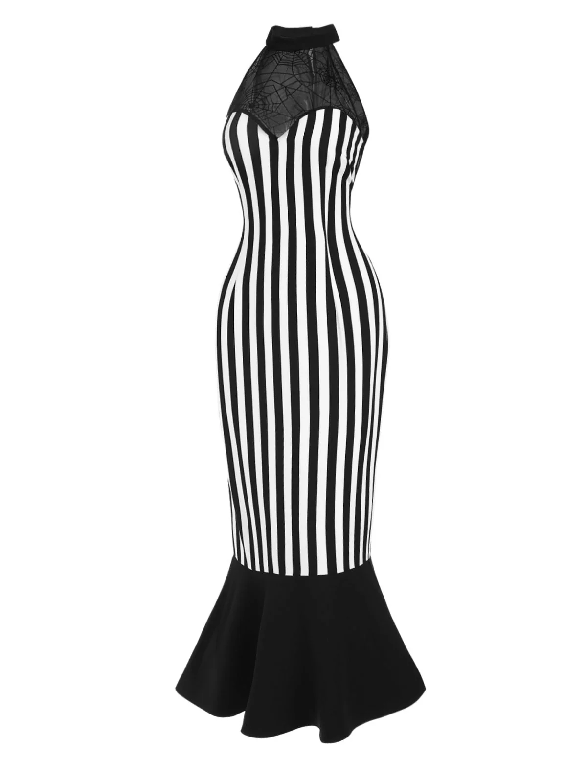 Black 1930s Spiderweb Mesh Stripe Fishtail Dress - Image 4