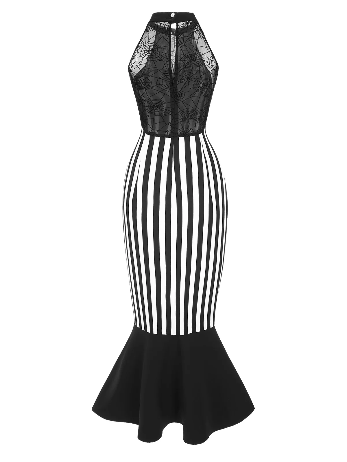 Black 1930s Spiderweb Mesh Stripe Fishtail Dress - Image 5