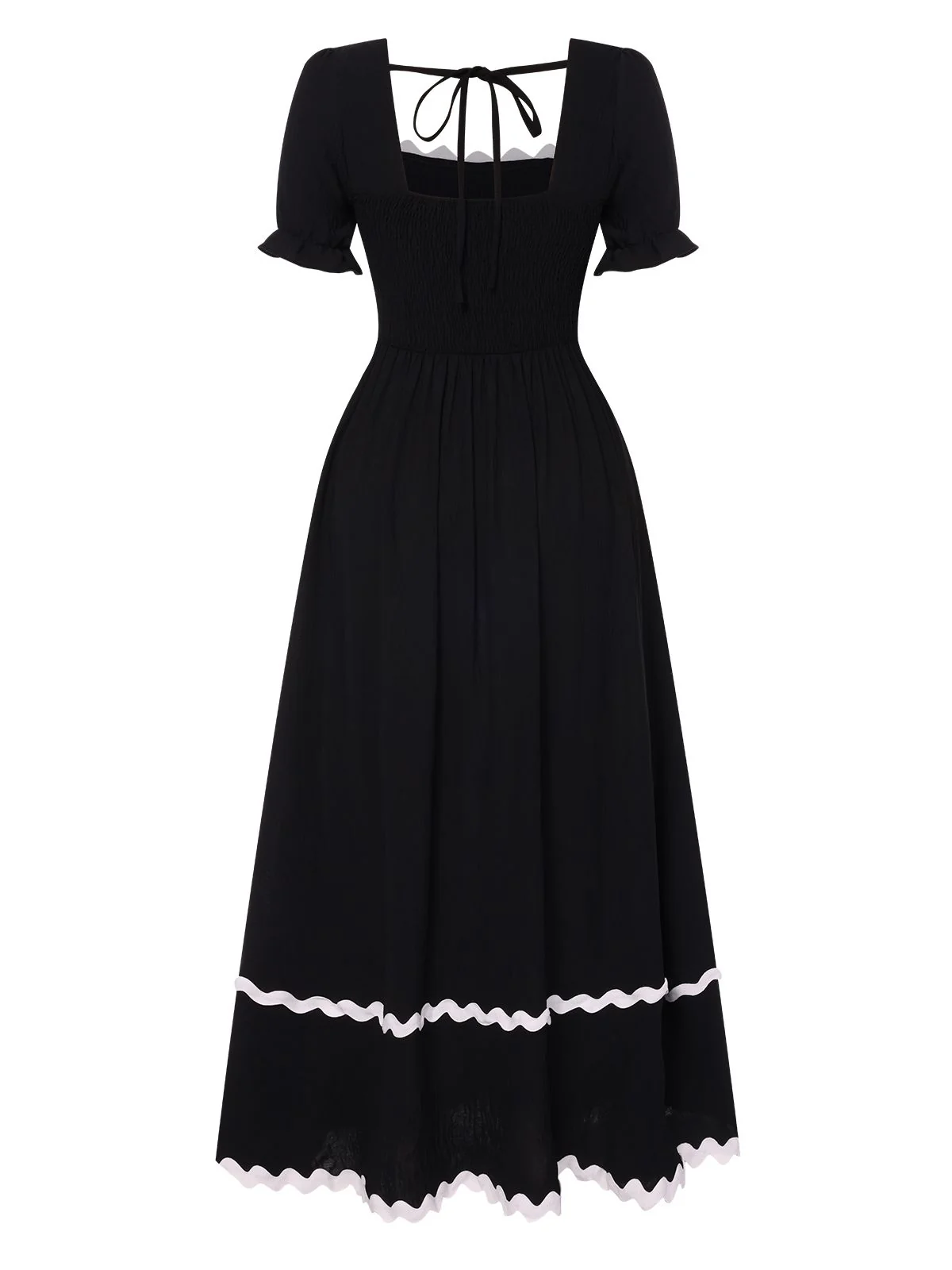 Black 1930s Square Neck Lace-Up Puff Sleeve Dress - Image 2