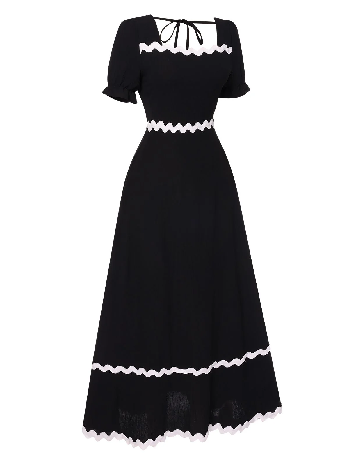Black 1930s Square Neck Lace-Up Puff Sleeve Dress - Image 3