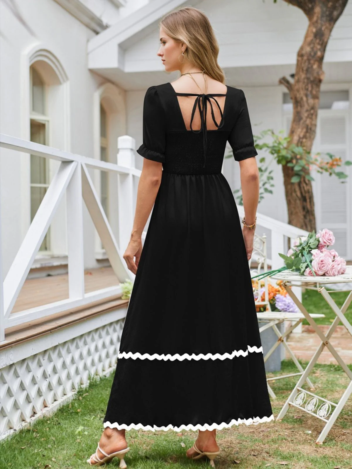Black 1930s Square Neck Lace-Up Puff Sleeve Dress - Image 5