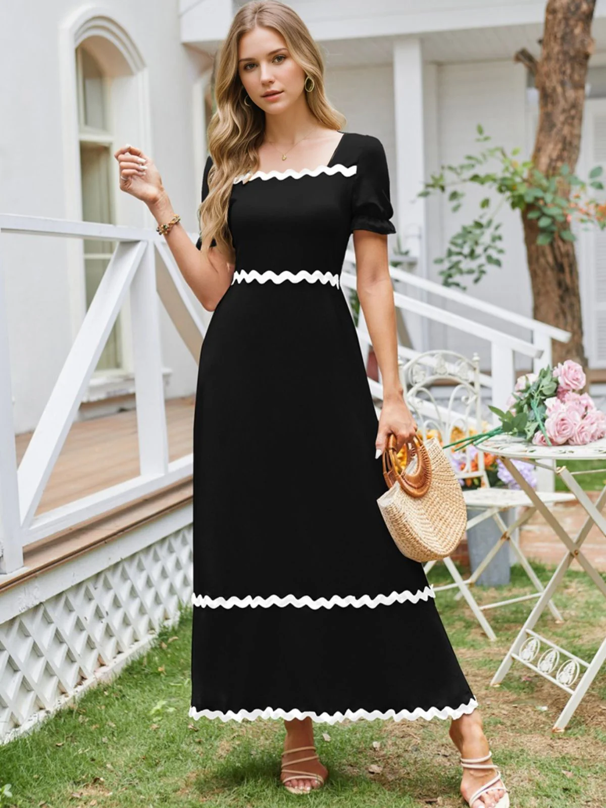 Black 1930s Square Neck Lace-Up Puff Sleeve Dress - Image 6