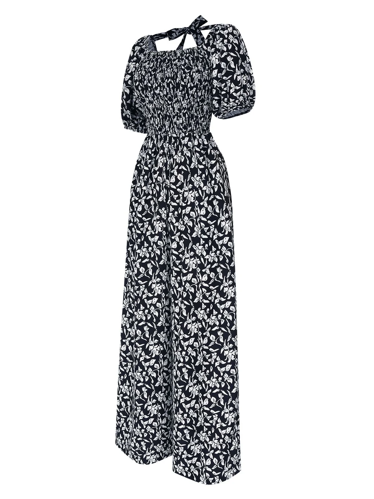 Black 1930s Square Neck Puff Floral Jumpsuit - Image 2