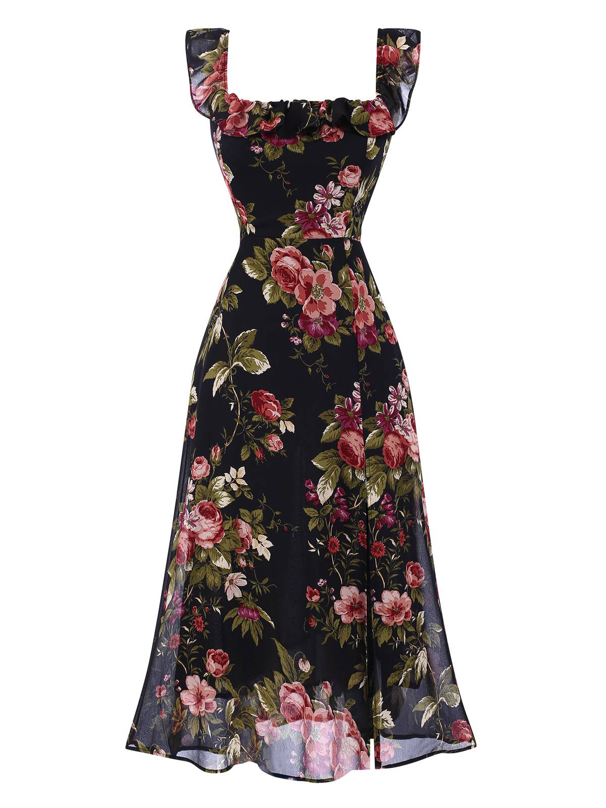Black 1930s Square Neck Ruffled Floral Dress - Image 2