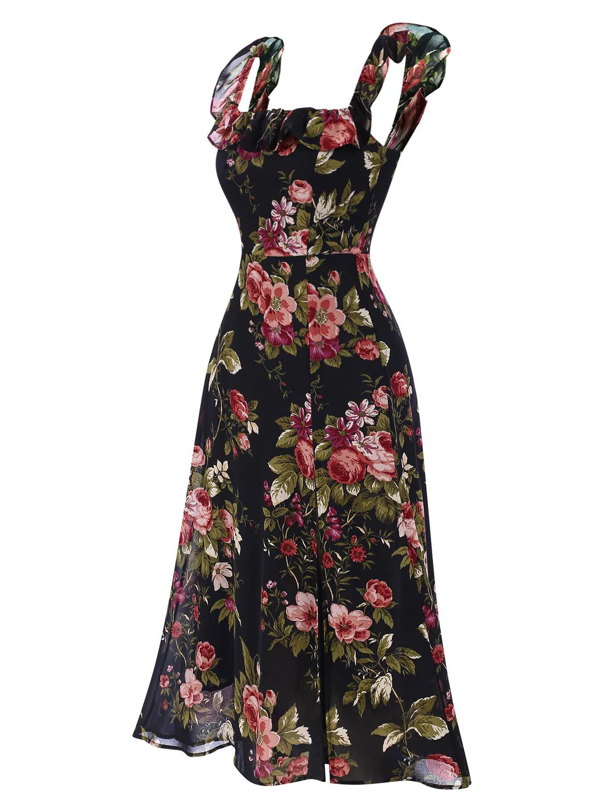 Black 1930s Square Neck Ruffled Floral Dress - Image 3