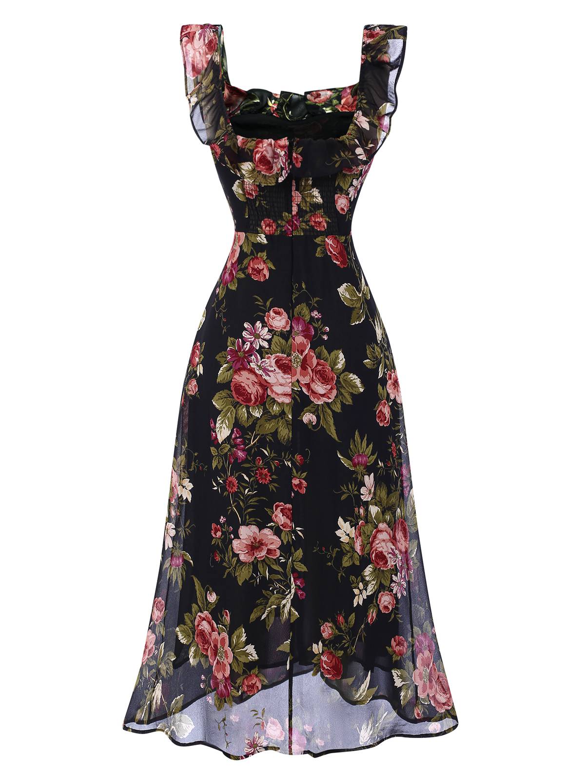 Black 1930s Square Neck Ruffled Floral Dress - Image 4