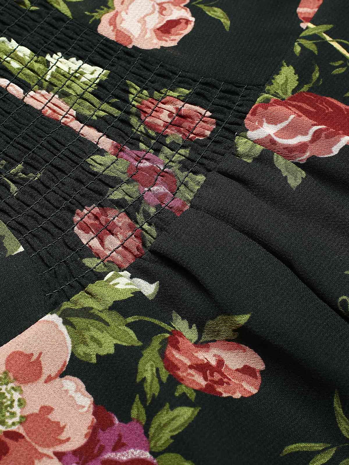 Black 1930s Square Neck Ruffled Floral Dress - Image 6