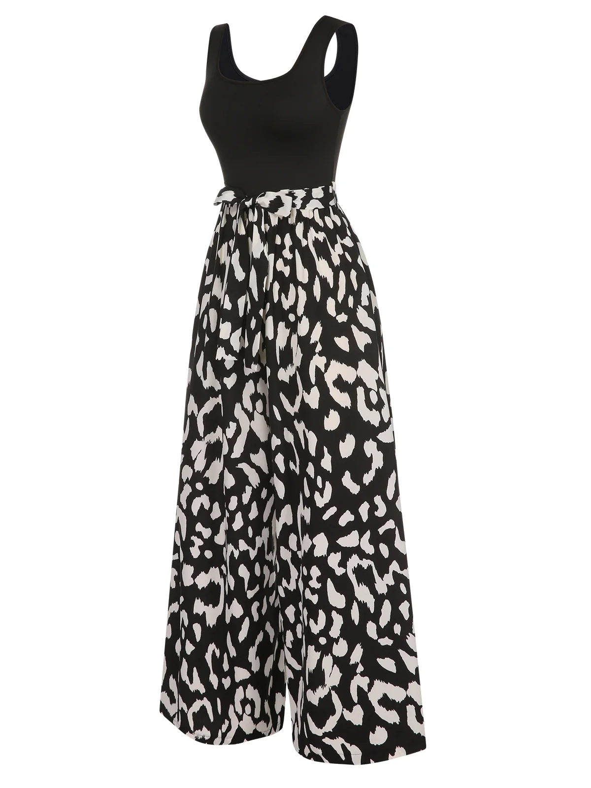 Black 1930s U-Neck Graphic Print Belted Jumpsuit - Image 2