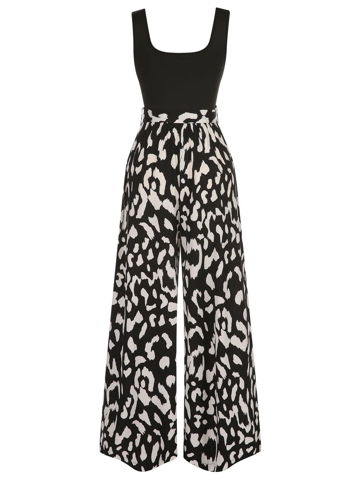 Black 1930s U-Neck Graphic Print Belted Jumpsuit - Image 3