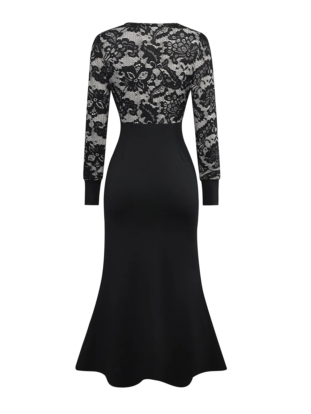Black 1930s V-Neck Floral Lace Fishtail Dress - Image 2