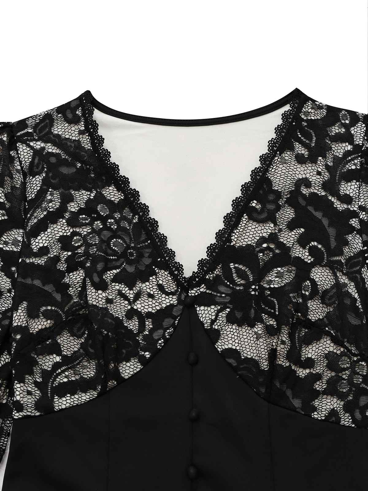 Black 1930s V-Neck Floral Lace Fishtail Dress - Image 3