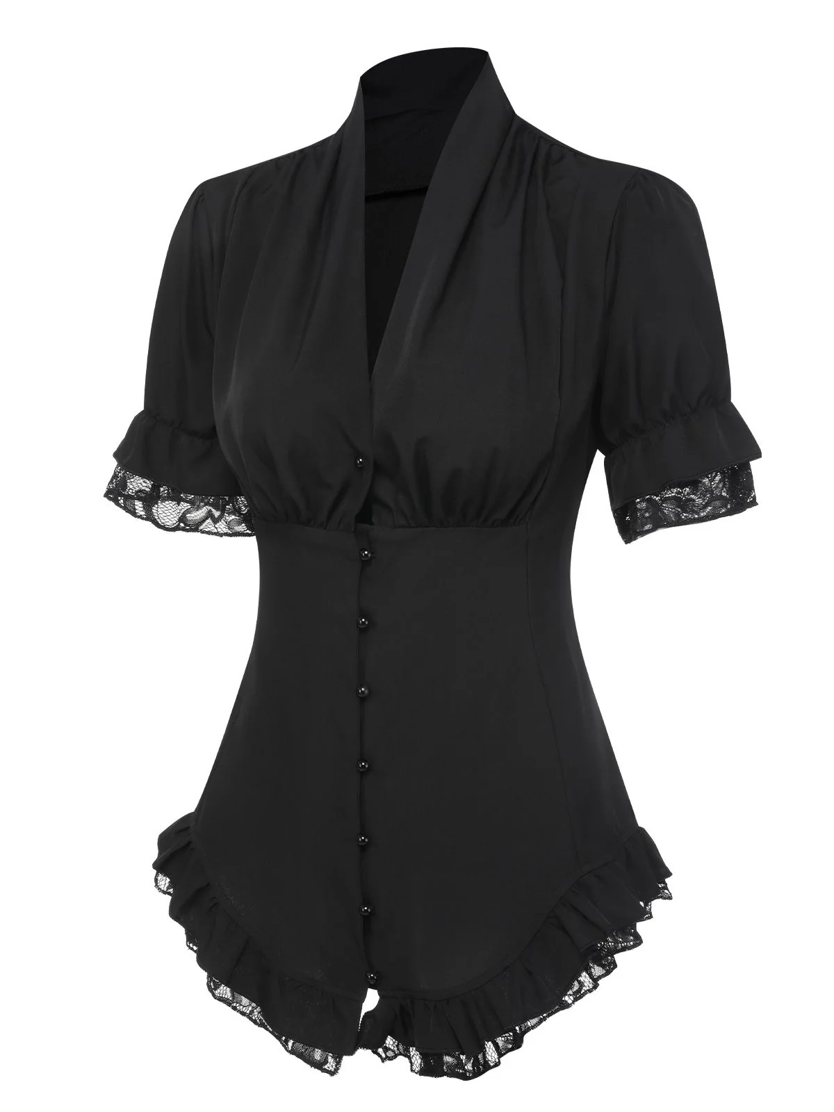 Black 1930s V-Neck Lace Victorian Blouse - Image 2