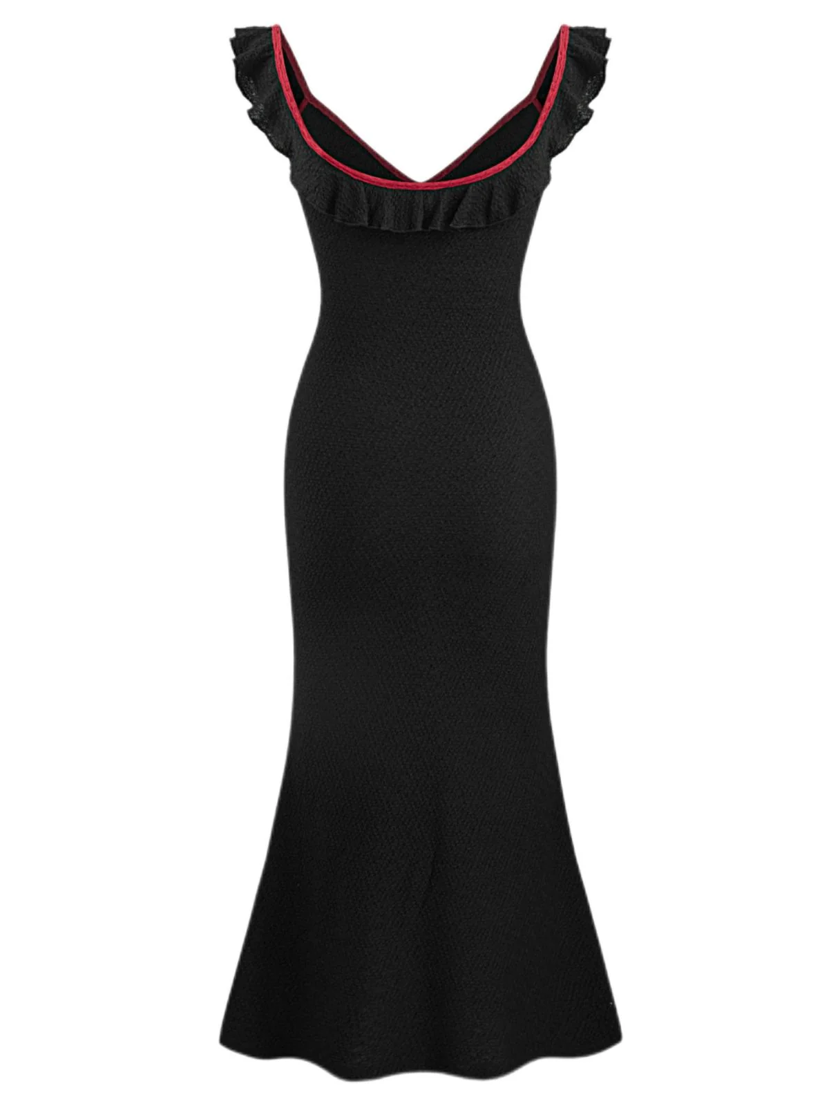 Black 1930s V-Neck Ruffled Knitted Mermaid Dress - Image 2