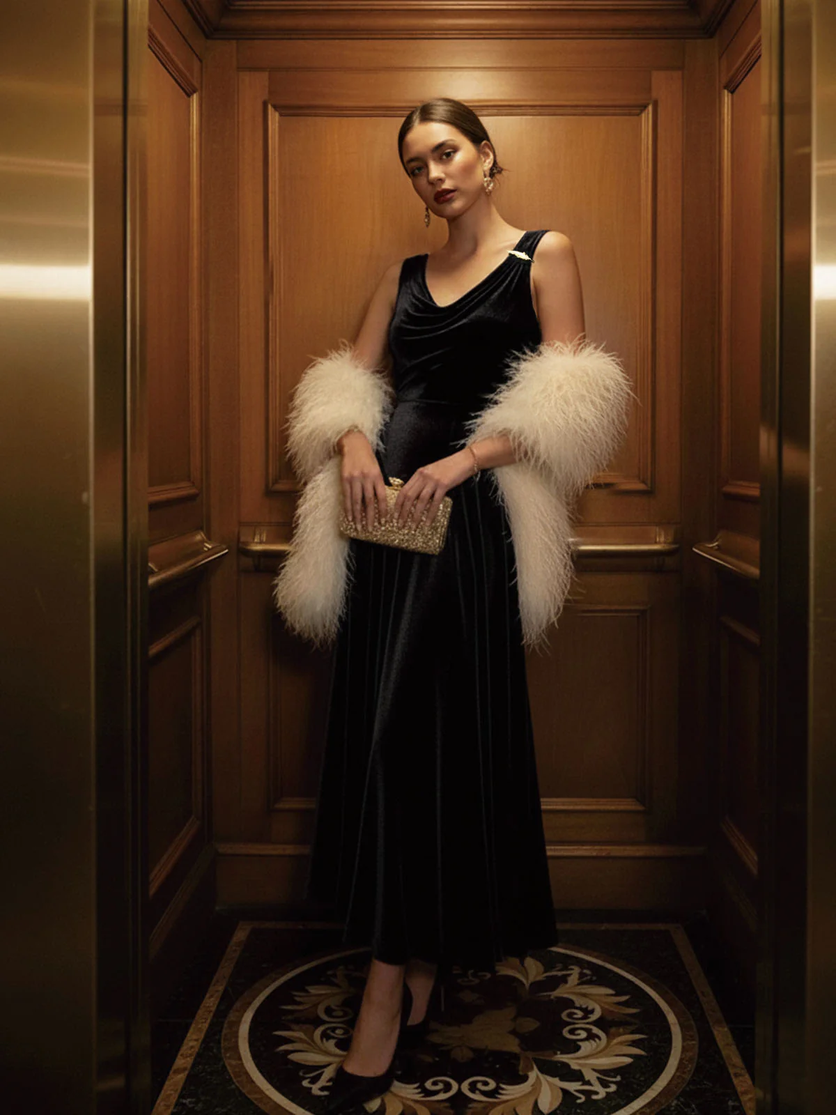 Black 1930s Velvet Cowl Neck Feather Brooch Dress - Image 2