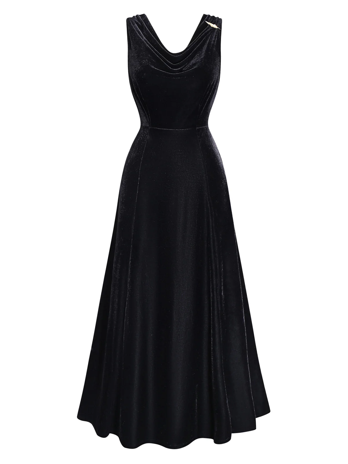 Black 1930s Velvet Cowl Neck Feather Brooch Dress - Image 3