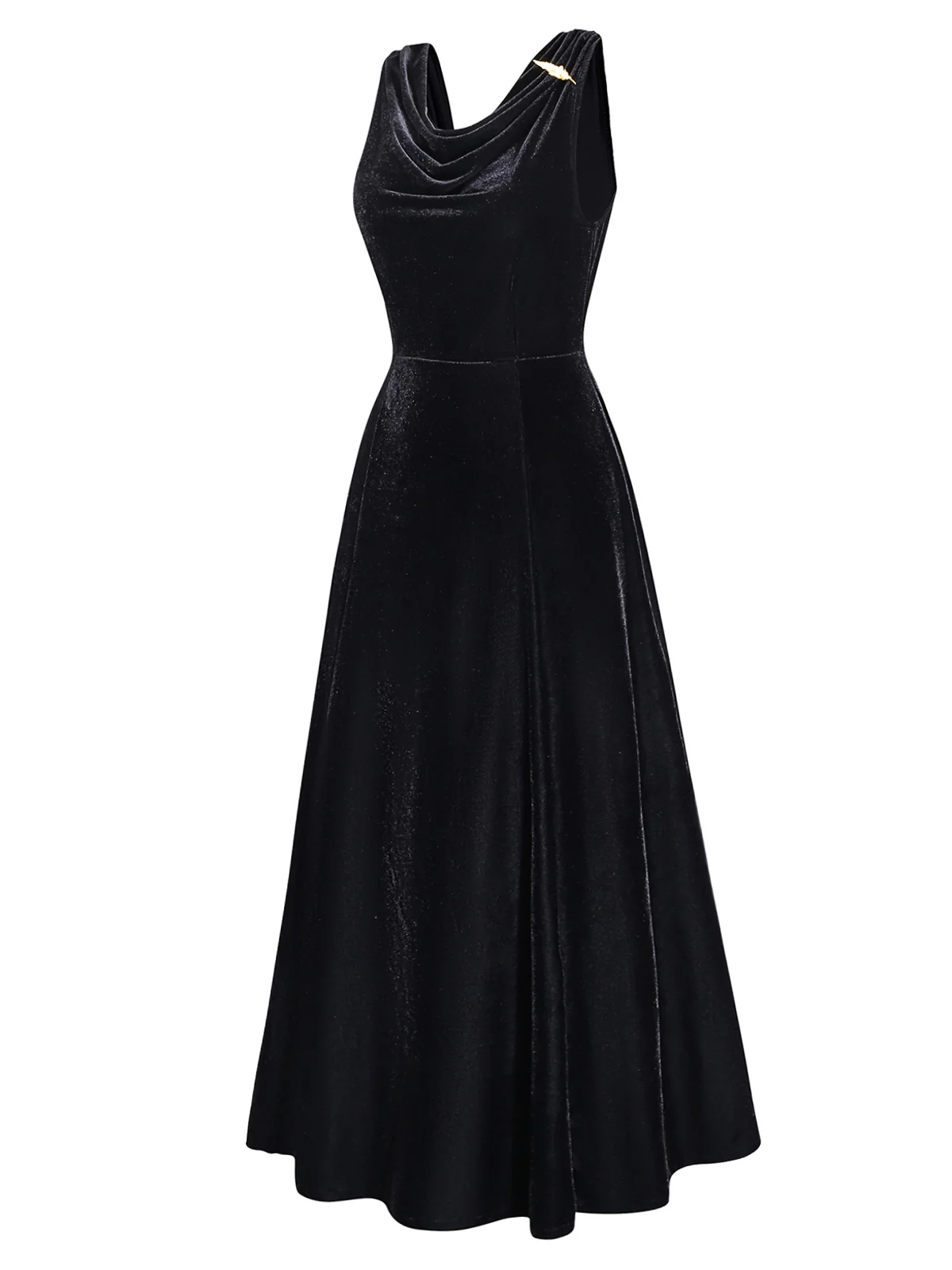 Black 1930s Velvet Cowl Neck Feather Brooch Dress - Image 4