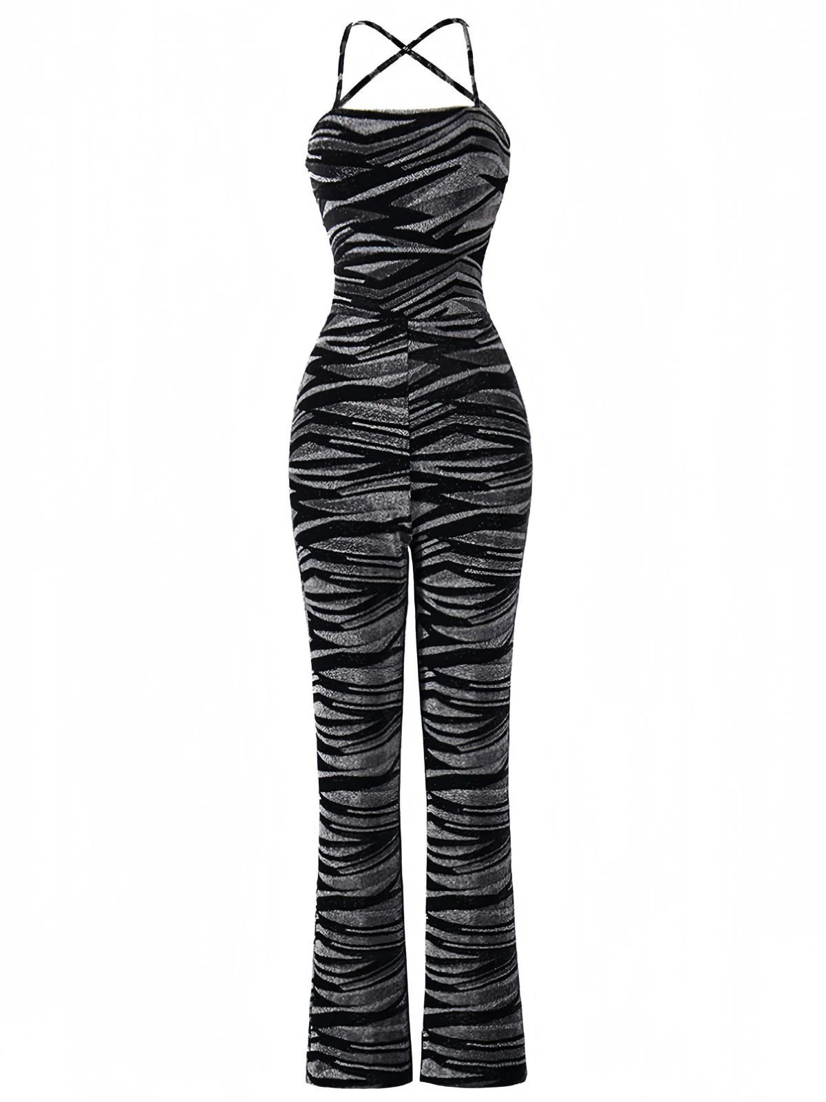 Black 1930s Zebra Print Halter Backless Jumpsuit - Image 2