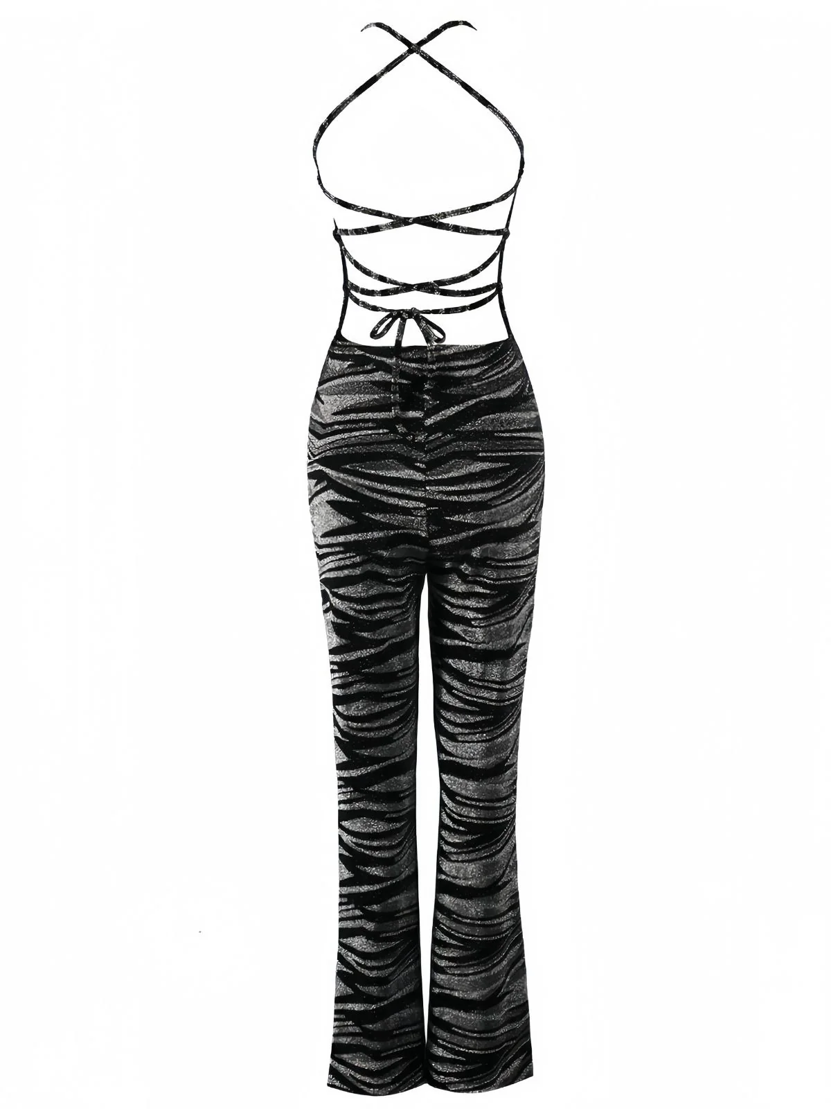 Black 1930s Zebra Print Halter Backless Jumpsuit - Image 3
