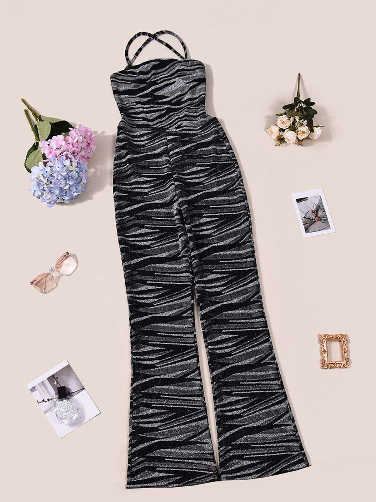 Black 1930s Zebra Print Halter Backless Jumpsuit - Image 4