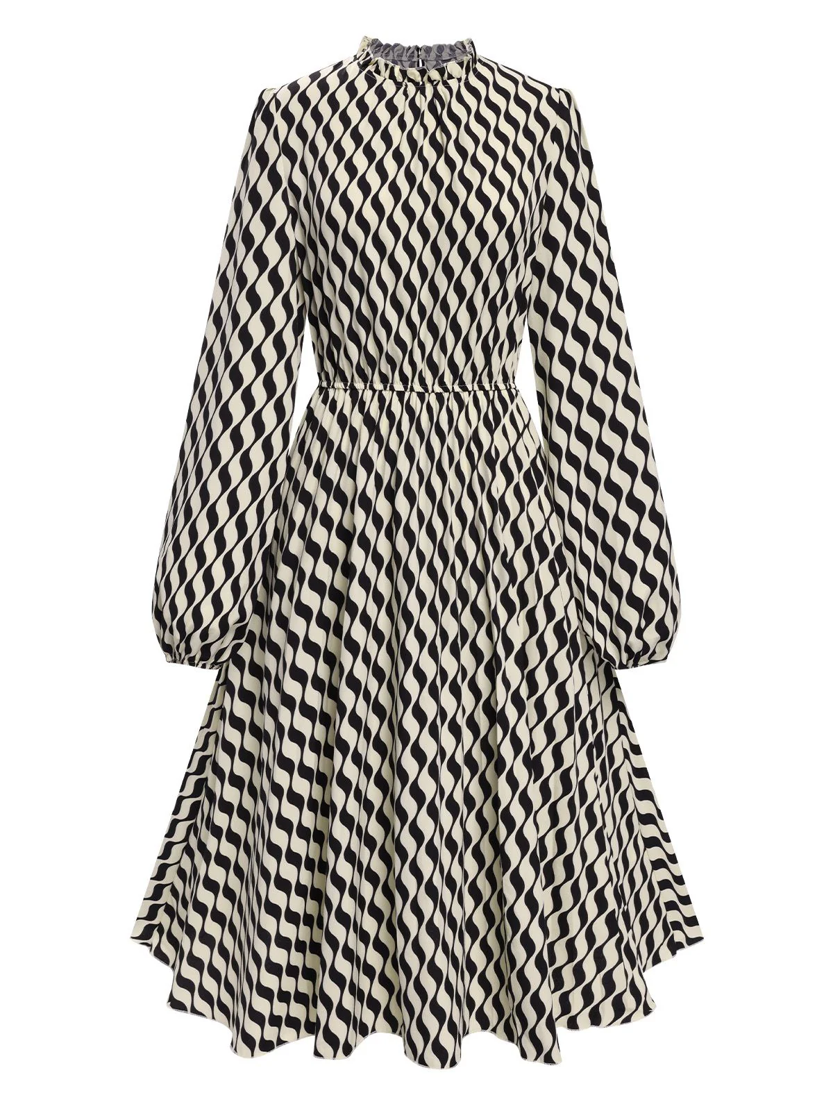Black 1940s Balloon Sleeve Pleated Chevron Dress - Image 2