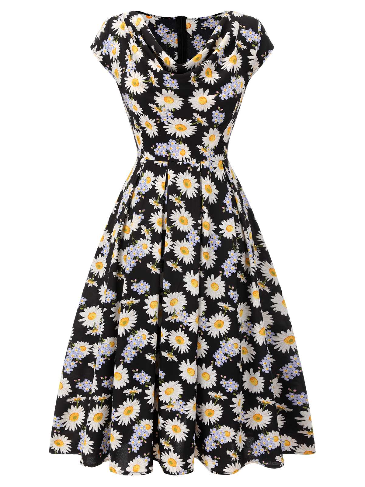 Black 1940s Cap Sleeve Daisy Dress - Image 2