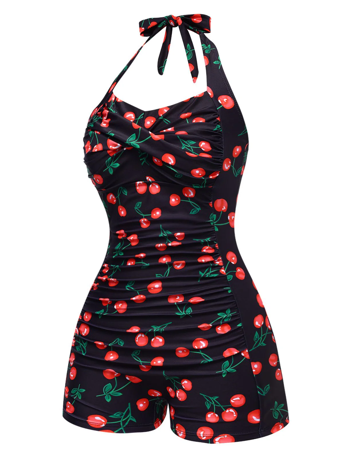 Black 1940s Cherry Halter One-Piece Swimsuit - Image 2