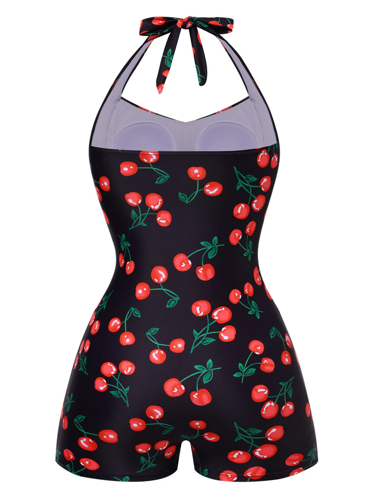 Black 1940s Cherry Halter One-Piece Swimsuit - Image 3
