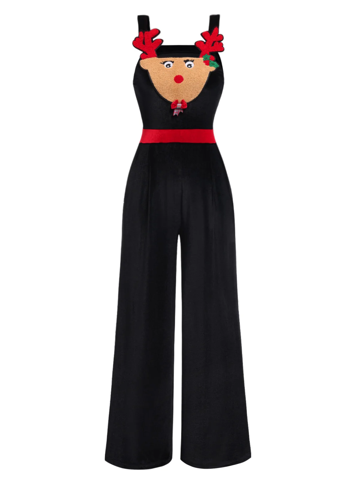 Black 1940s Christmas Elk Plush Velvet Jumpsuit - Image 2