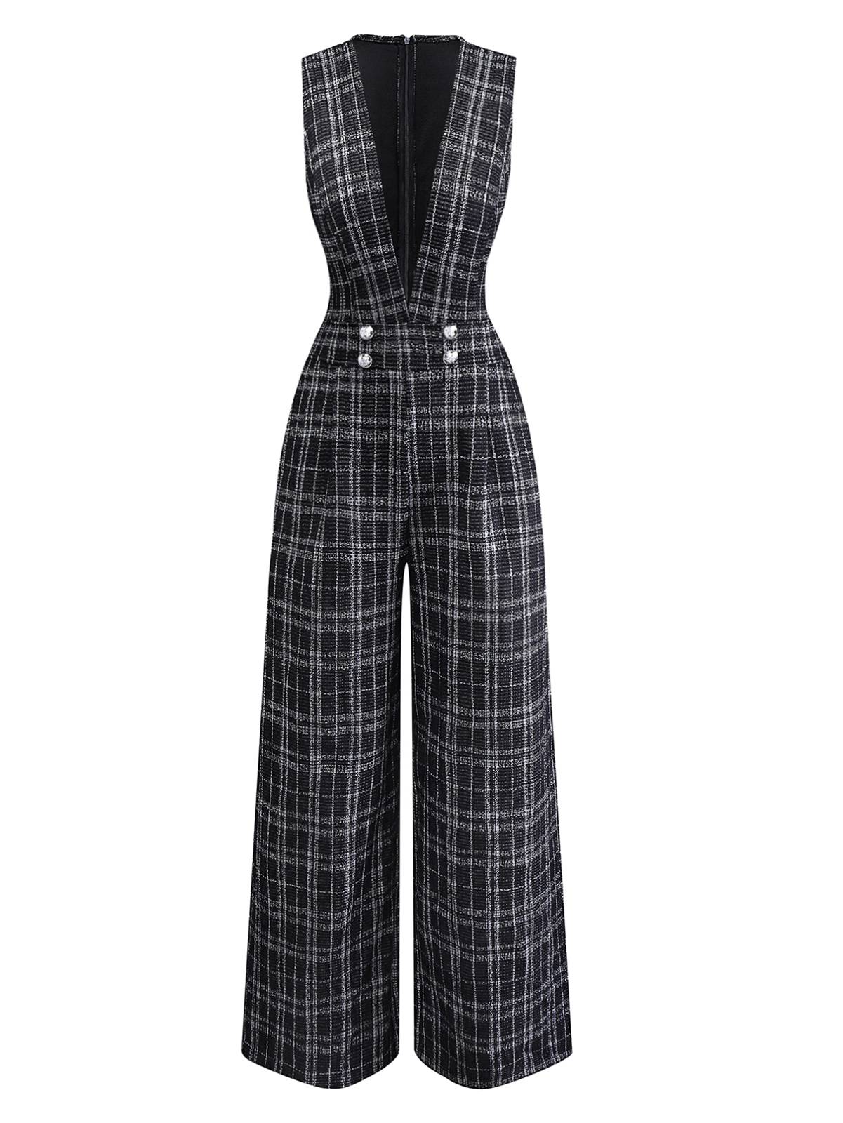 Black 1940s Cotton Plaid Deep V-Neck Overall Jumpsuit - Image 2