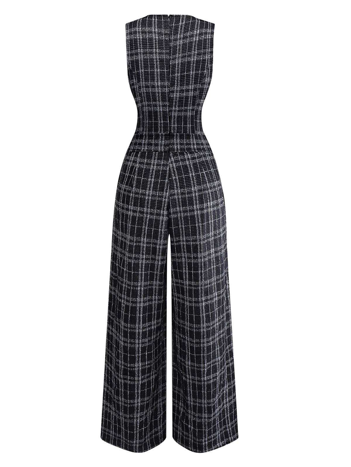 Black 1940s Cotton Plaid Deep V-Neck Overall Jumpsuit - Image 3
